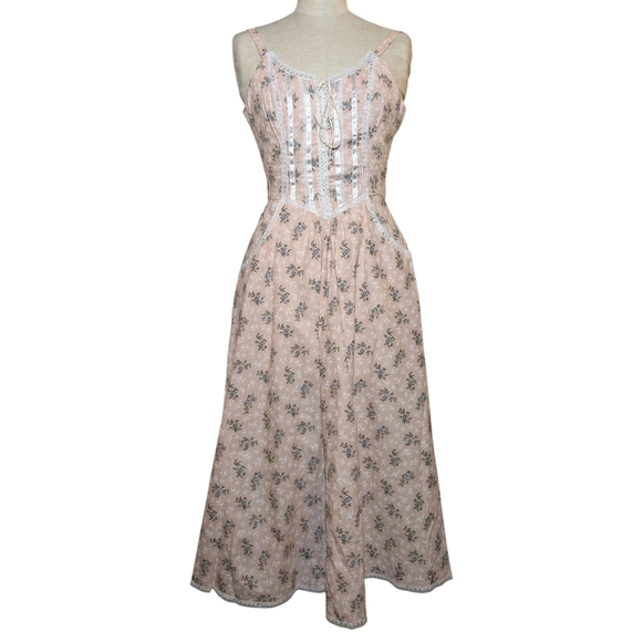 Vintage Gunne Sax Midi Dress Pink Cream Prairie Floral Cottage Romantic Size 3 - Picture 1 of 14